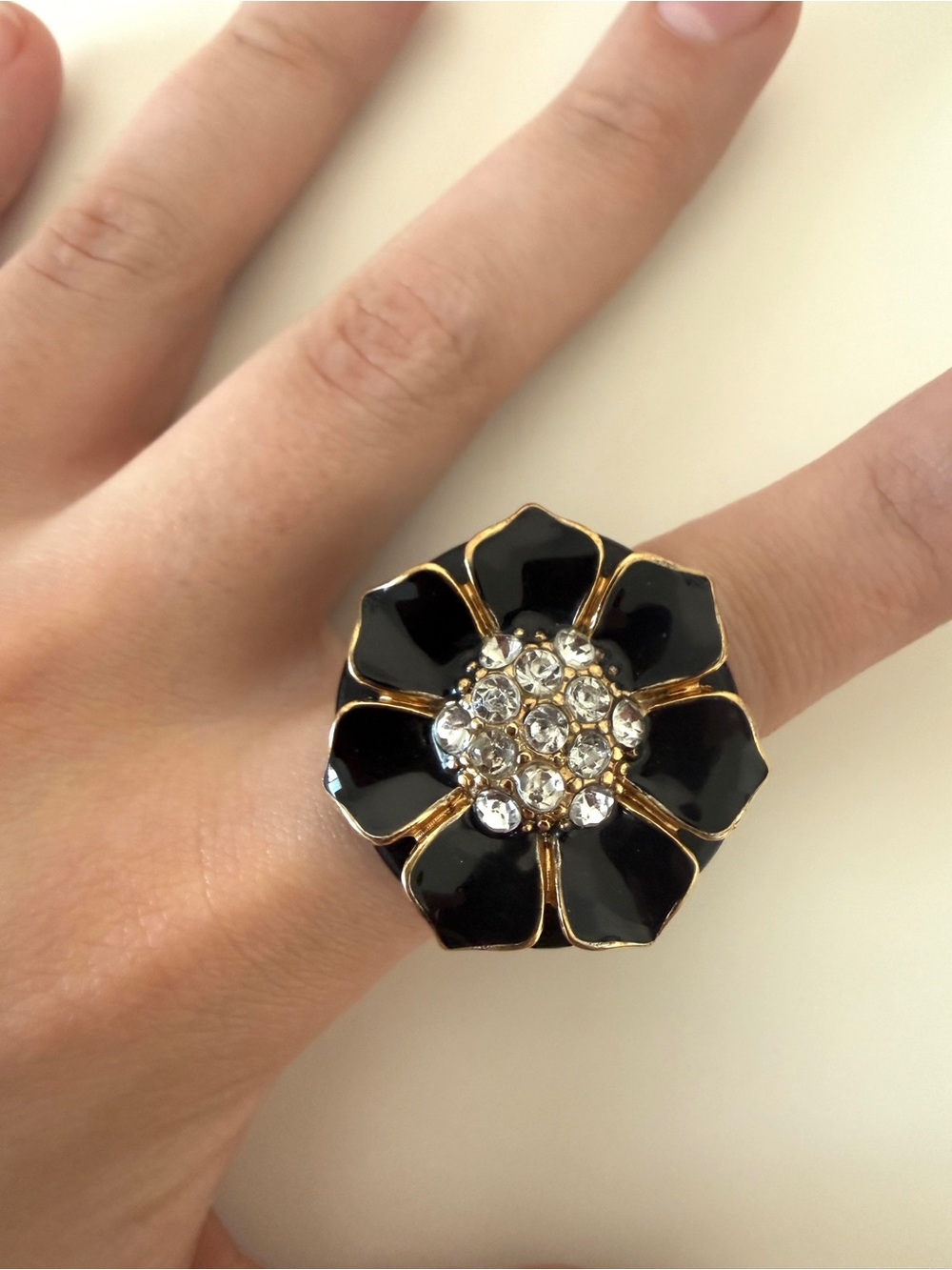 Black Floral Crystal Statement Ring -